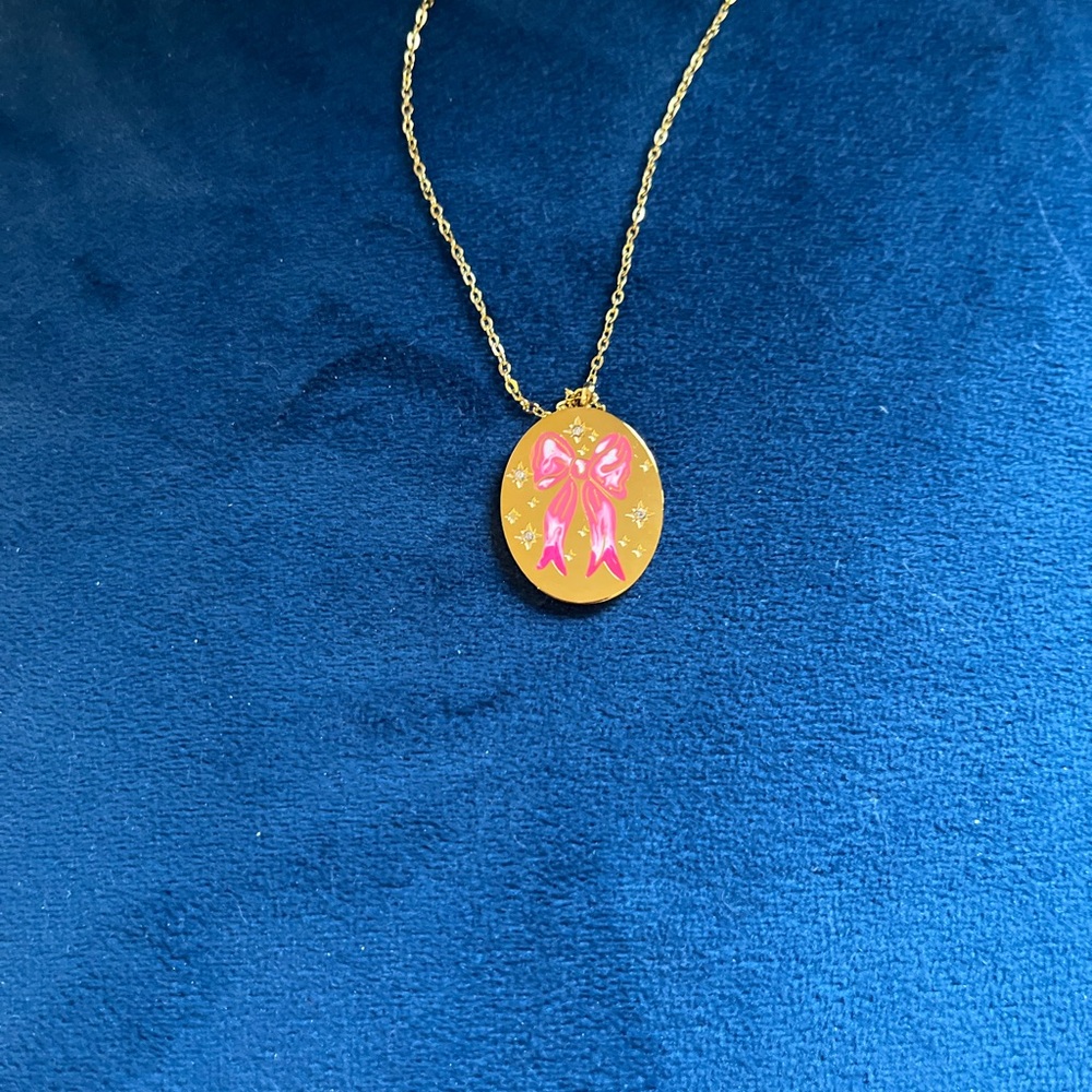 Gold enamel Pendant Necklace with Pink Ribbon and crystals